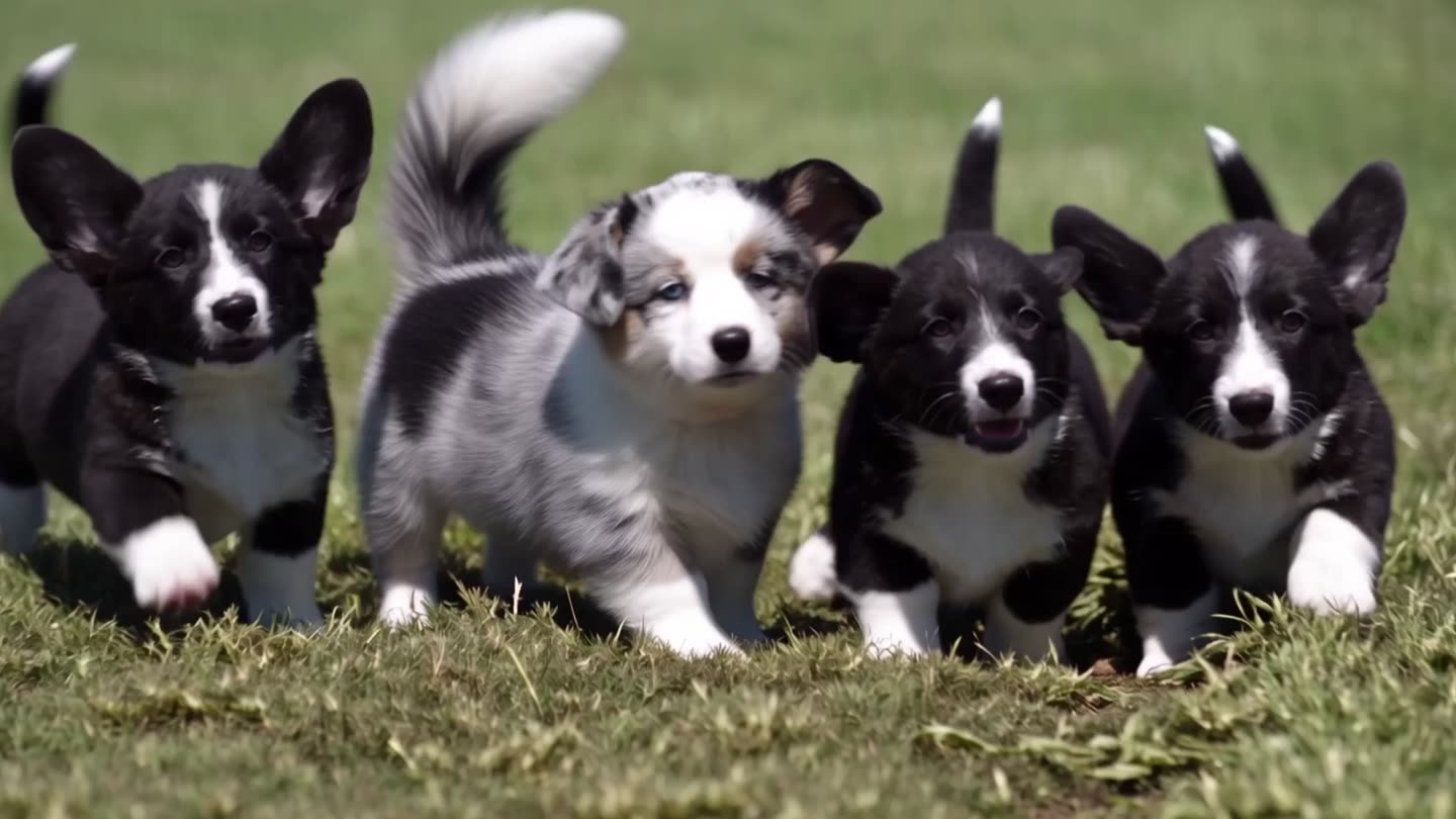 Corgi puppies running toward the camera across the grass on the farm